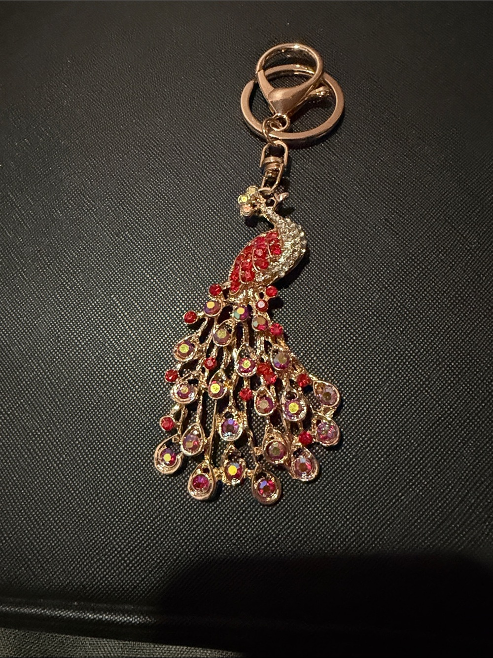 Gold Peacock Keychain Charm with Red and Pink Accents